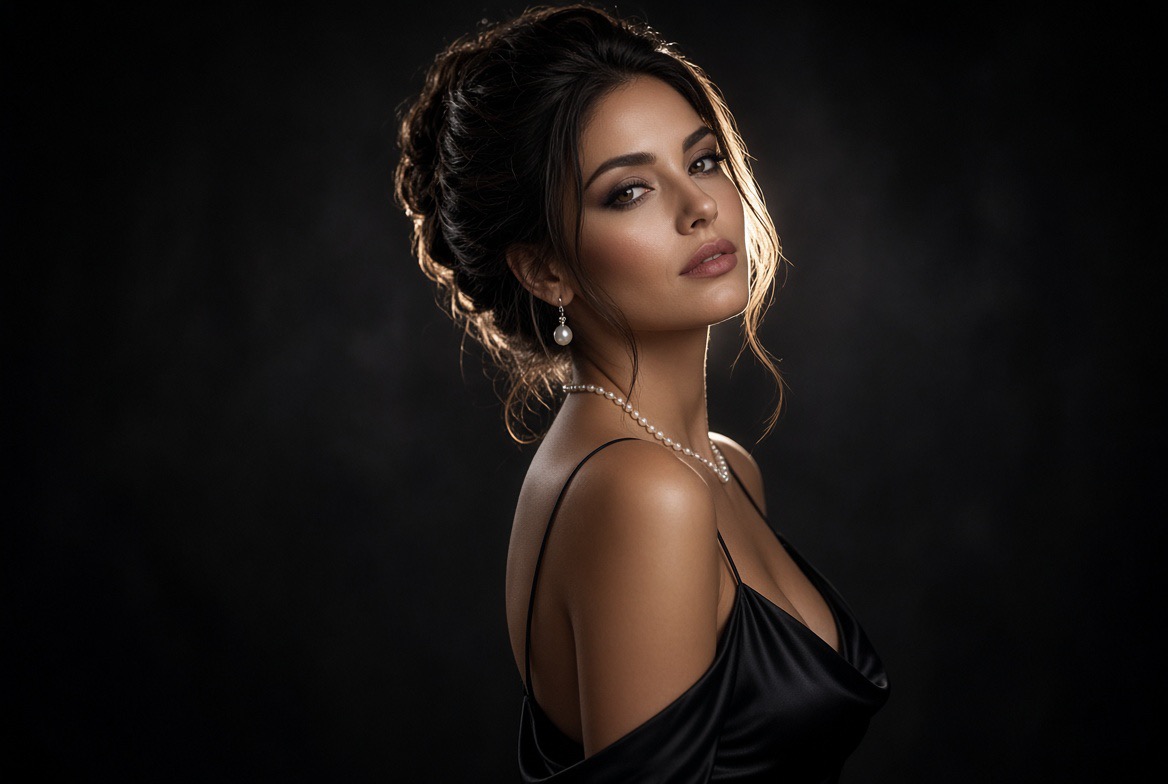 High fashion studio portrait of a woman in a black satin slip with pearl jewellery,set against a dramatic dark backdrop