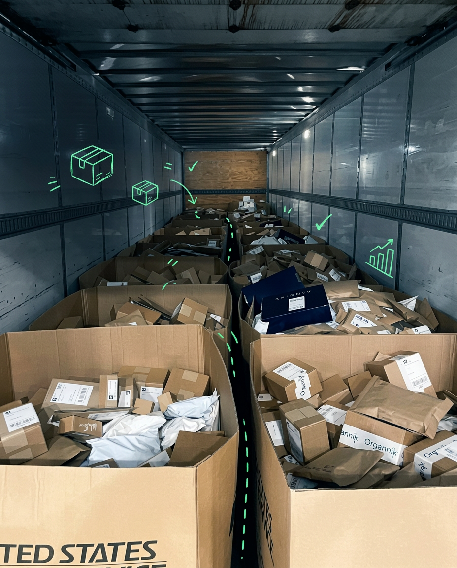 On-brand editorial photo — USPS trailer interior packed with corrugated gaylords, mailers and parcels leaving the dock, with chalk-overlay route and analytics marks