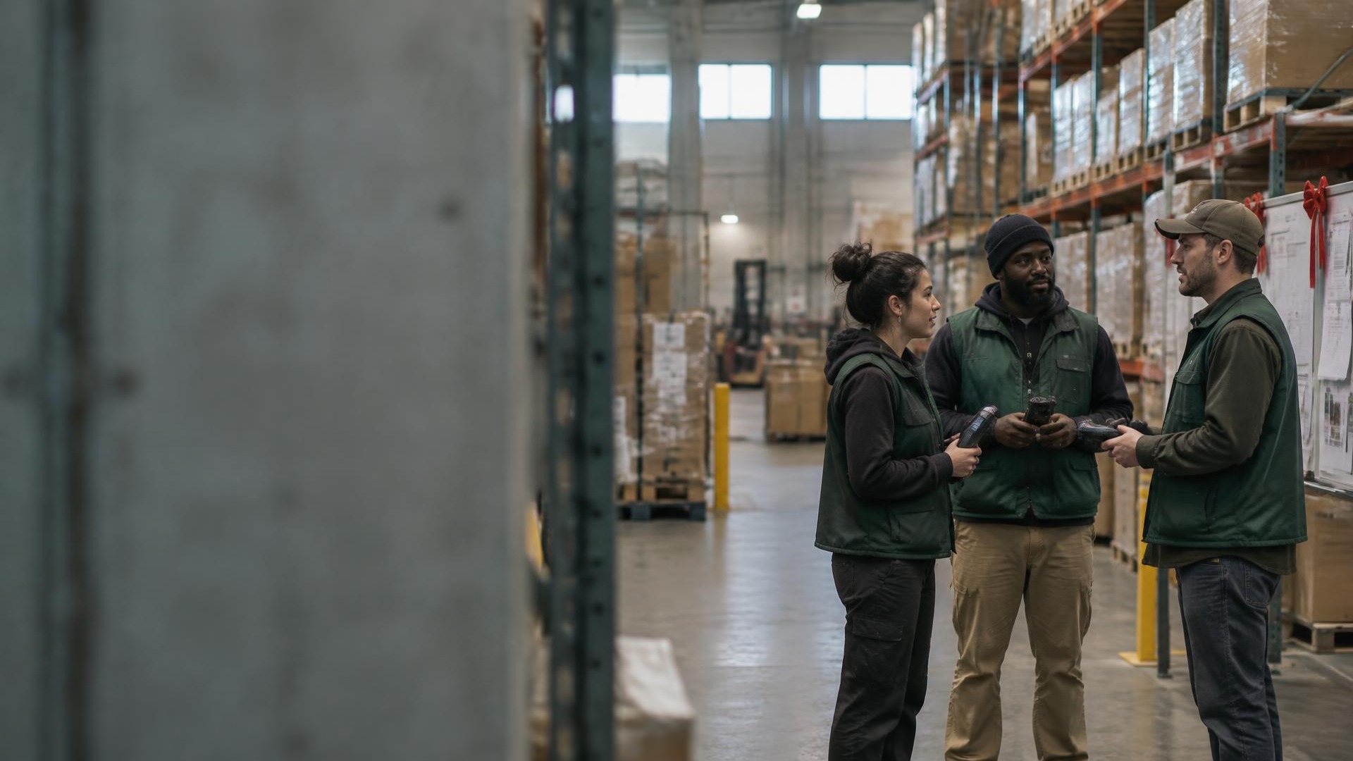 Three warehouse workers in green utility vests discussing operations while holding handheld scanners in a bright fulfillment center