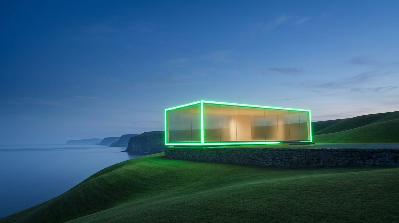 Glasshouse page — twilight mountainside glass cabin backdrop