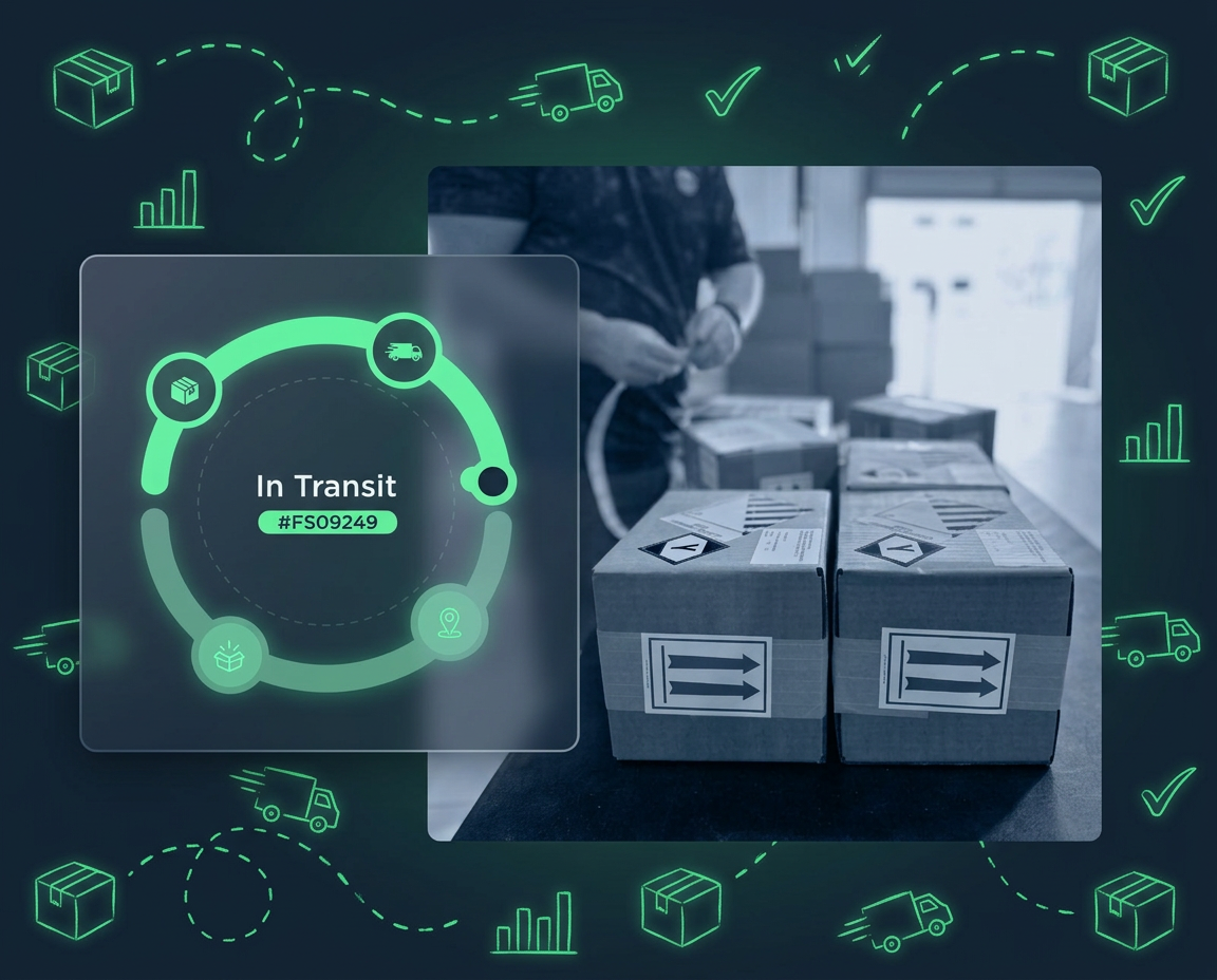 On-brand editorial illustration of a package in transit — chalk-style delivery trucks, boxes, and a glowing In Transit tracking chip with #FS09249 ID
