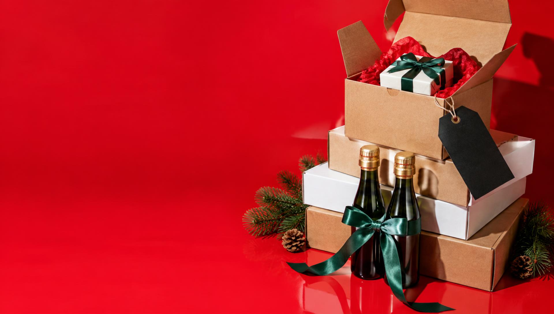 Editorial photo of a red-background holiday gift arrangement with shipping boxes, bottles, a green bow, and pine branches
