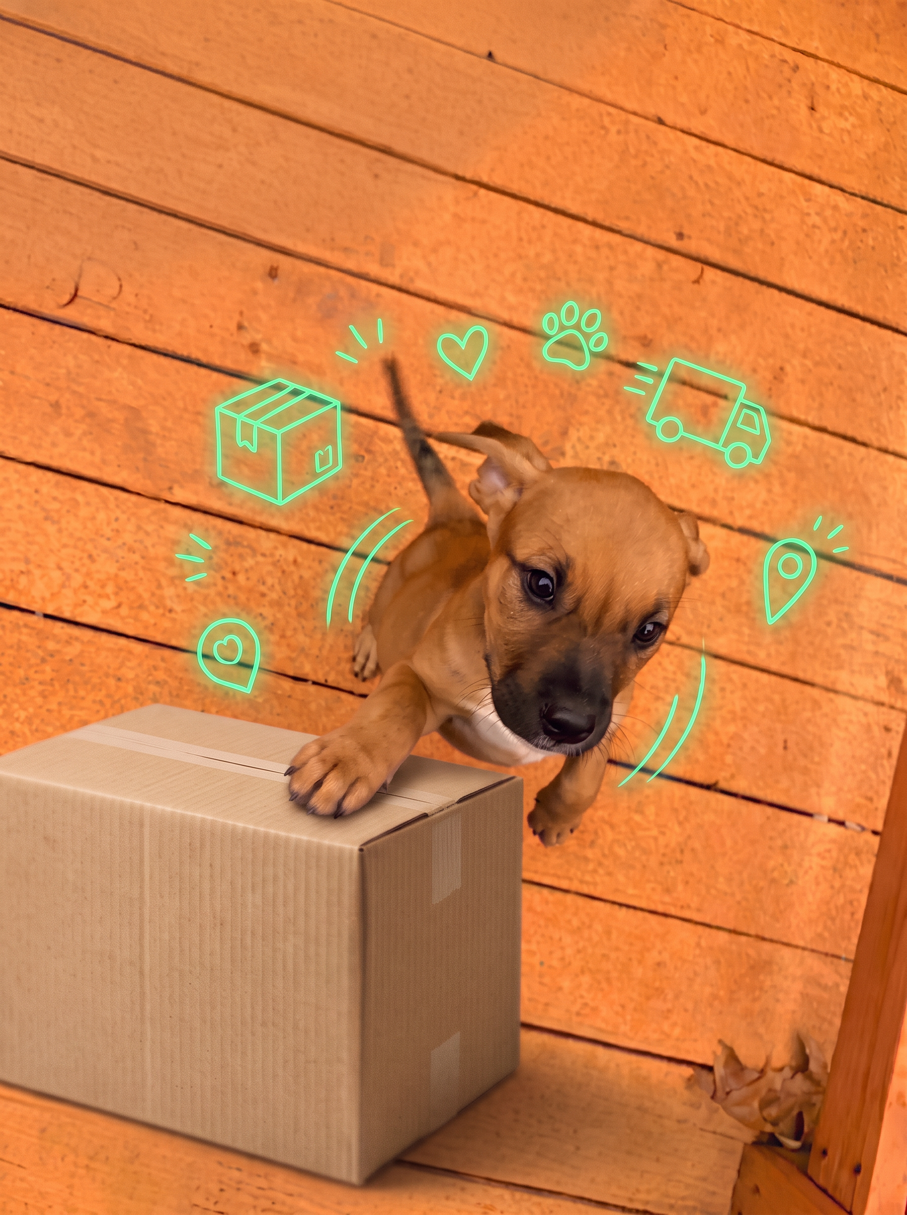A puppy standing shy on its hind legs leaning on a Nice Fulfillment delivery box, surrounded by neon-green heart, paw, location pin, and truck doodles.