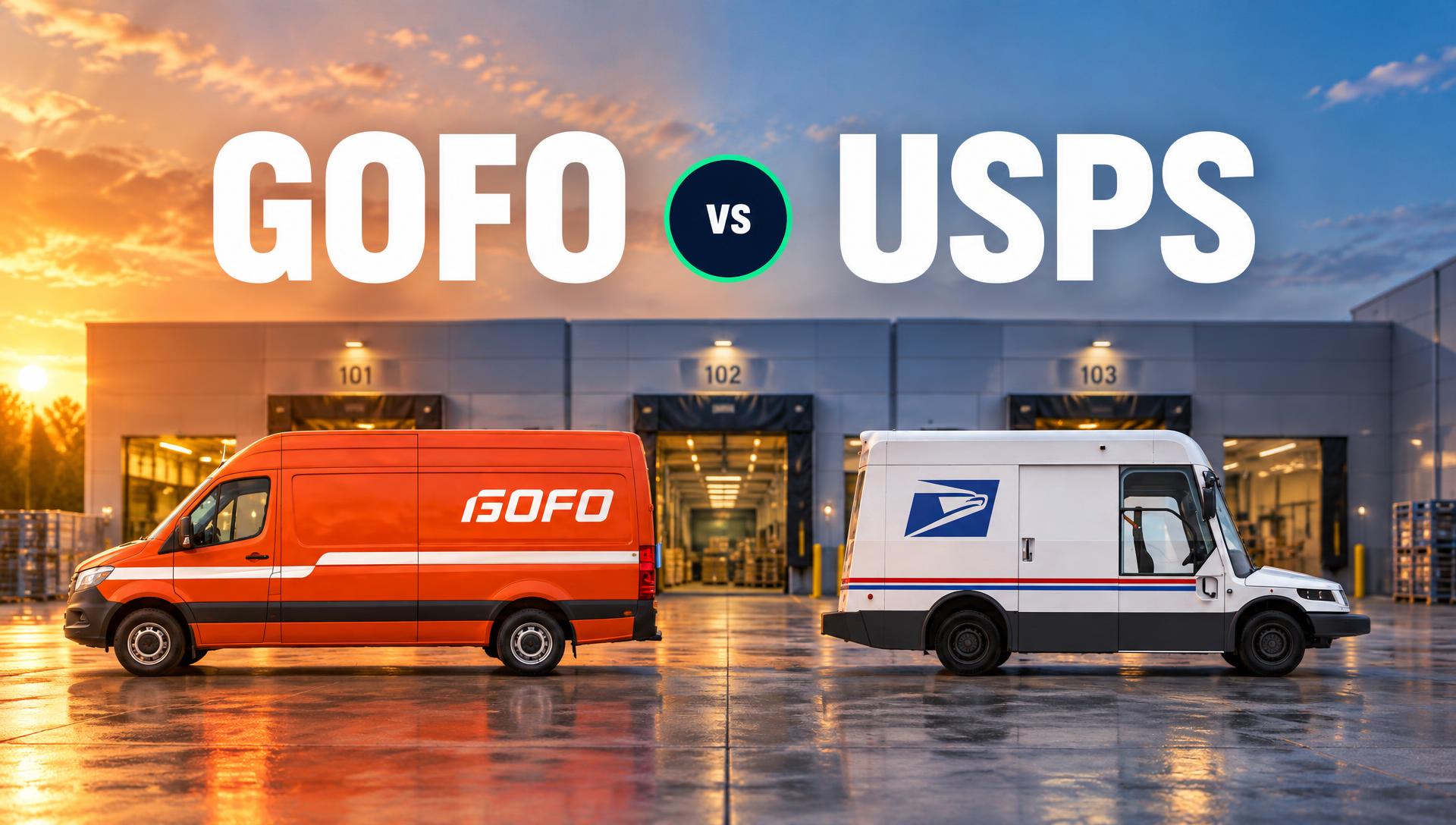 Two delivery vehicles on a loading dock — a regional carrier van and a USPS mail truck — for side-by-side carrier comparison