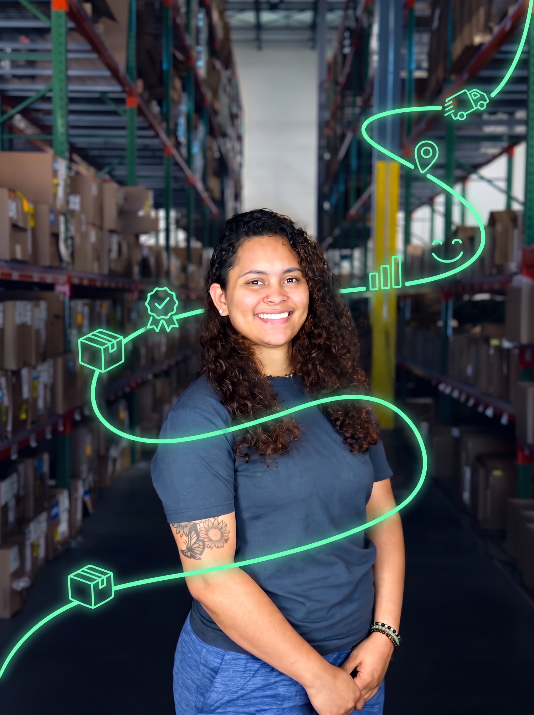 Ashley on the fulfillment floor with inspection clipboard
