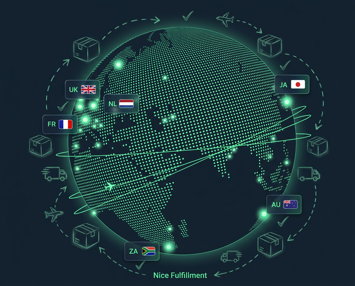 On-brand editorial illustration of Nice Fulfillment's global network — glowing dot-matrix globe with country tags (UK, FR, NL, JA, AU, ZA), cargo and aircraft icons, and orbital shipping routes