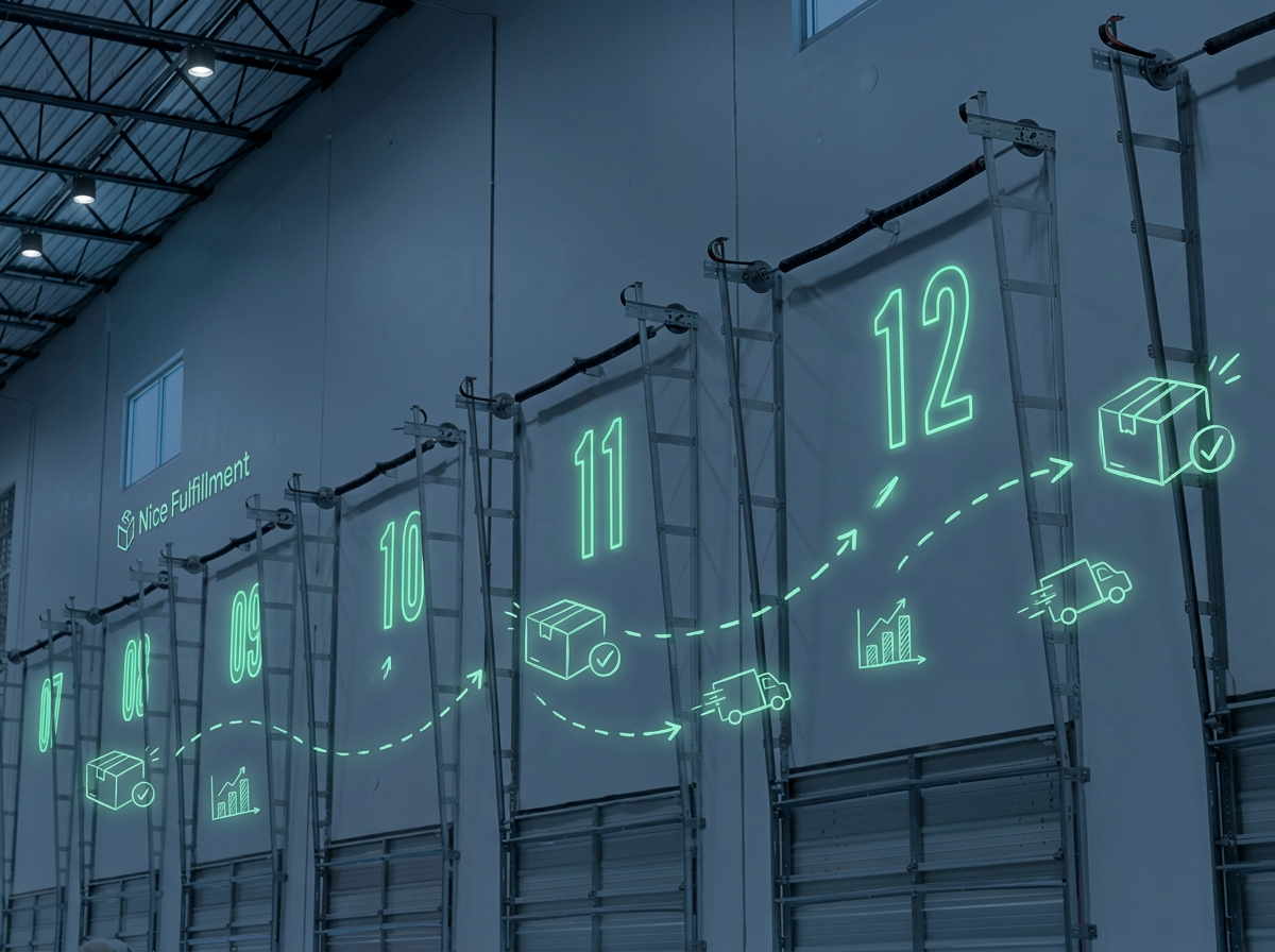 Numbered dock doors 07–12 with neon fulfillment route overlay