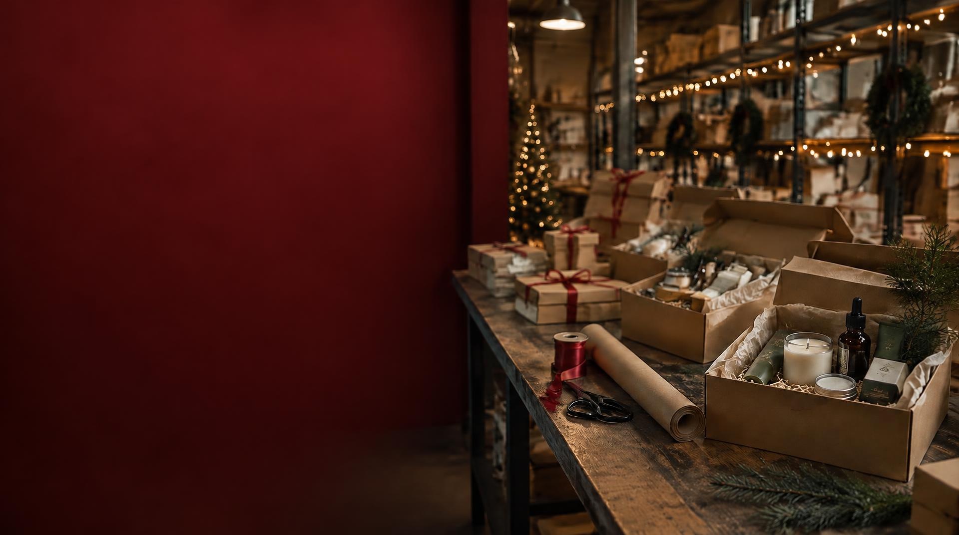 Holiday gift set kitting — finished bundles on a workbench under warm string lights with deep red negative space on the left for the headline