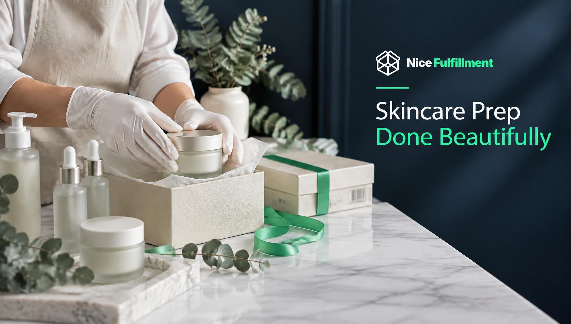 Skincare products being prepared for Amazon FBA — worker sealing a jar inside a gift box with tissue