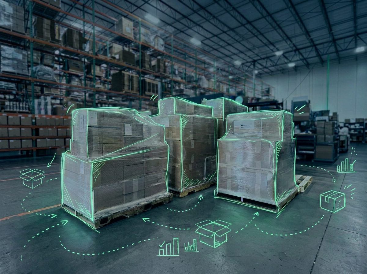 On-brand editorial illustration of pallets stacked with shrink-wrapped warehouse boxes — chalk-style charts, arrows, and tracking lines overlaid on the photo