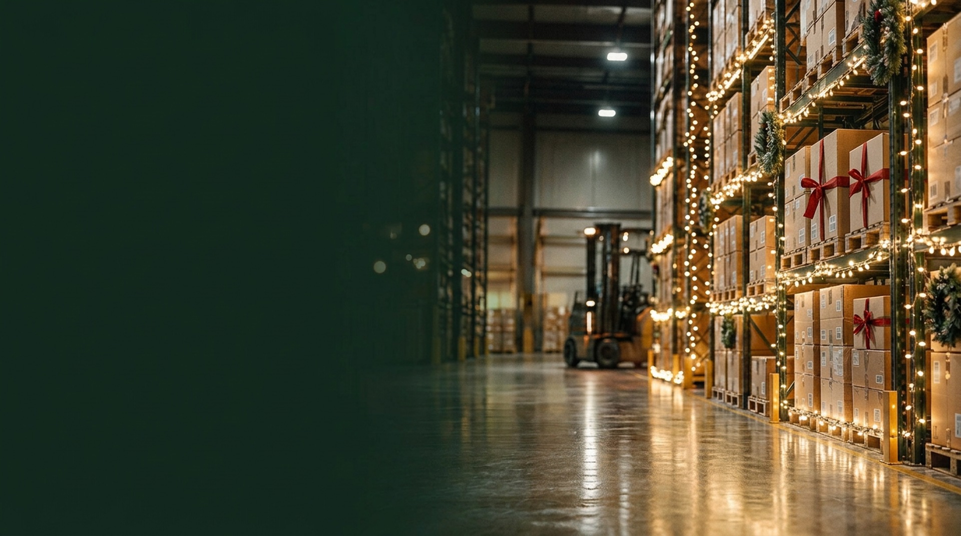 Holiday-staged BFCM fulfillment operation with wrapped boxes, string lights, and a forklift working a warehouse aisle