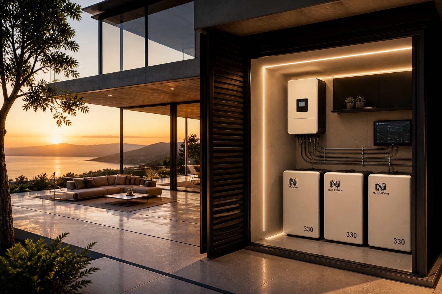Casa moderna de luxo ao pôr-do-sol com sistema de armazenamento de energia N-Volt NEO 16KWH integrado na arquitetura